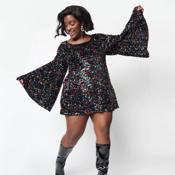 Unique Vintage Smak Parlour Black & Rainbow Sequin Mini Dress, 2x/18 - Picture 1 of 5
